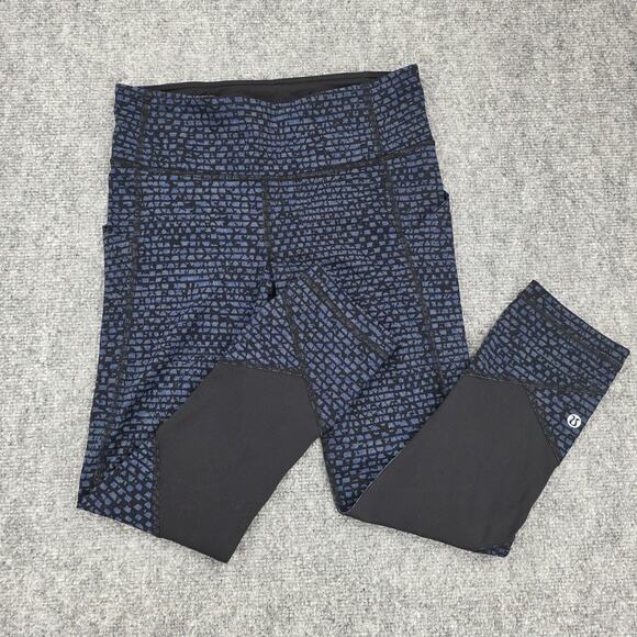 Lululemon Pants Womens 4 Blue Black Geometric Pace Rival Crop Leggings Pocket - Picture 1 of 16